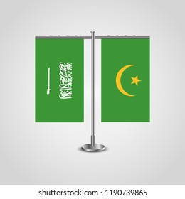 Table stand with flags of Saudi Arabia and Mauritania.Two flag. Flag pole. Symbolizing the cooperation between the two countries. Table flags
