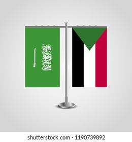 Table stand with flags of Saudi Arabia and Sudan.Two flag. Flag pole. Symbolizing the cooperation between the two countries. Table flags
