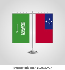 Table stand with flags of Saudi Arabia and Samoa.Two flag. Flag pole. Symbolizing the cooperation between the two countries. Table flags