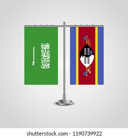 Table stand with flags of Saudi Arabia and Swaziland.Two flag. Flag pole. Symbolizing the cooperation between the two countries. Table flags