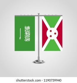 Table stand with flags of Saudi Arabia and Burundi.Two flag. Flag pole. Symbolizing the cooperation between the two countries. Table flags