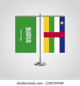 Table stand with flags of Saudi Arabia and Central African Republic.Two flag. Flag pole. Symbolizing the cooperation between the two countries. Table flags
