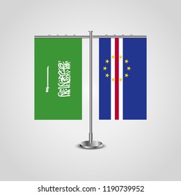 Table stand with flags of Saudi Arabia and Cape Verde.Two flag. Flag pole. Symbolizing the cooperation between the two countries. Table flags
