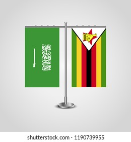 Table stand with flags of Saudi Arabia and Zimbabwe.Two flag. Flag pole. Symbolizing the cooperation between the two countries. Table flags