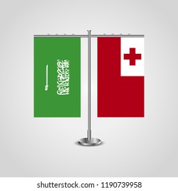 Table stand with flags of Saudi Arabia and Tonga.Two flag. Flag pole. Symbolizing the cooperation between the two countries. Table flags