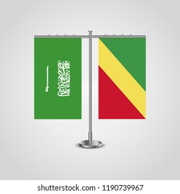 Table stand with flags of Saudi Arabia and Republic of the Congo.Two flag. Flag pole. Symbolizing the cooperation between the two countries. Table flags