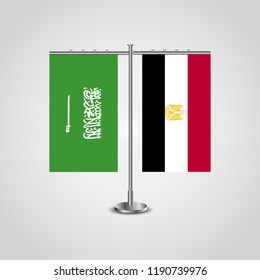 Table stand with flags of Saudi Arabia and Egypt.Two flag. Flag pole. Symbolizing the cooperation between the two countries. Table flags