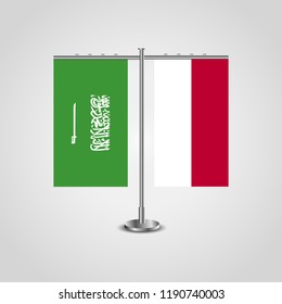 Table stand with flags of Saudi Arabia and Indonesia.Two flag. Flag pole. Symbolizing the cooperation between the two countries. Table flags