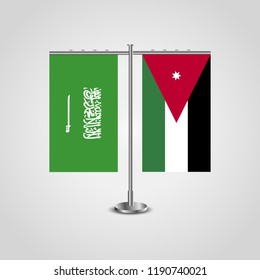 Table stand with flags of Saudi Arabia and Jordan.Two flag. Flag pole. Symbolizing the cooperation between the two countries. Table flags