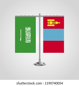 Table stand with flags of Saudi Arabia and Mongolia.Two flag. Flag pole. Symbolizing the cooperation between the two countries. Table flags