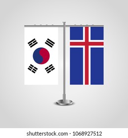 Table stand with flags of South Korea and Iceland.Two flag. Flag pole. Symbolizing the cooperation between the two countries. Table flags