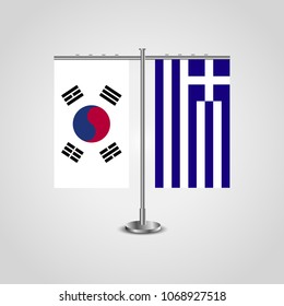 Table stand with flags of South Korea and Greece.Two flag. Flag pole. Symbolizing the cooperation between the two countries. Table flags