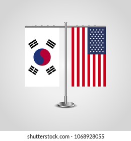 Table stand with flags of South Korea and USA.Two flag. Flag pole. Symbolizing the cooperation between the two countries. Table flags