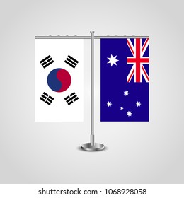 Table stand with flags of South Korea and Australia.Two flag. Flag pole. Symbolizing the cooperation between the two countries. Table flags