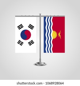 Table stand with flags of South Korea and Kiribati.Two flag. Flag pole. Symbolizing the cooperation between the two countries. Table flags