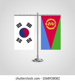 Table stand with flags of South Korea and Eritrea.Two flag. Flag pole. Symbolizing the cooperation between the two countries. Table flags