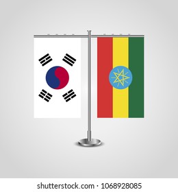 Table stand with flags of South Korea and Ethiopia.Two flag. Flag pole. Symbolizing the cooperation between the two countries. Table flags