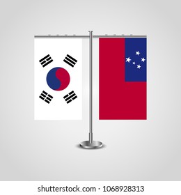Table stand with flags of South Korea and Samoa.Two flag. Flag pole. Symbolizing the cooperation between the two countries. Table flags