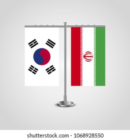 Table stand with flags of South Korea and Iran.Two flag. Flag pole. Symbolizing the cooperation between the two countries. Table flags