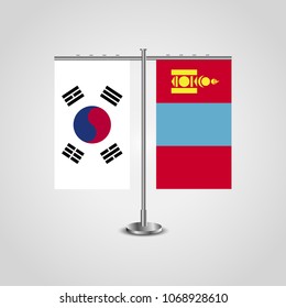 Table stand with flags of South Korea and Mongolia.Two flag. Flag pole. Symbolizing the cooperation between the two countries. Table flags