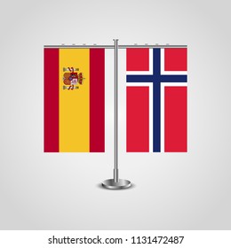 Table stand with flags of Spain and Jan Mayen.Two flag. Flag pole. Symbolizing the cooperation between the two countries. Table flags
