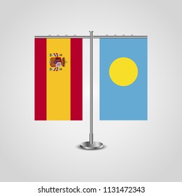 Table stand with flags of Spain and Palau.Two flag. Flag pole. Symbolizing the cooperation between the two countries. Table flags