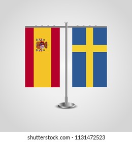 Table stand with flags of Spain and Sweden.Two flag. Flag pole. Symbolizing the cooperation between the two countries. Table flags

