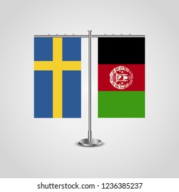 Table stand with flags of Sweden and Afghanistan.Two flag. Flag pole. Symbolizing the cooperation between the two countries. Table flags