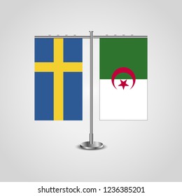 Table stand with flags of Sweden and Algeria.Two flag. Flag pole. Symbolizing the cooperation between the two countries. Table flags