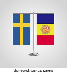 Table stand with flags of Sweden and Andorra.Two flag. Flag pole. Symbolizing the cooperation between the two countries. Table flags

