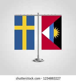 Table stand with flags of Sweden and Antigua and Barbuda.Two flag. Flag pole. Symbolizing the cooperation between the two countries. Table flags

