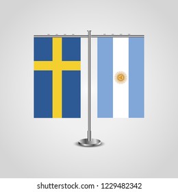 Table stand with flags of Sweden and Argentina.Two flag. Flag pole. Symbolizing the cooperation between the two countries. Table flags