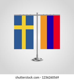 Table stand with flags of Sweden and Armenia.Two flag. Flag pole. Symbolizing the cooperation between the two countries. Table flags

