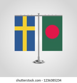 Table stand with flags of Sweden and Bangladesh.Two flag. Flag pole. Symbolizing the cooperation between the two countries. Table flags

