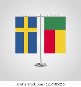 Table stand with flags of Sweden and Benin.Two flag. Flag pole. Symbolizing the cooperation between the two countries. Table flags