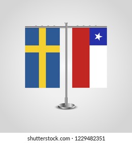 Table stand with flags of Sweden and Chile.Two flag. Flag pole. Symbolizing the cooperation between the two countries. Table flags