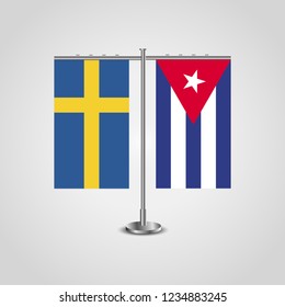 Table stand with flags of Sweden and Cuba.Two flag. Flag pole. Symbolizing the cooperation between the two countries. Table flags

