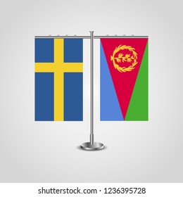 Table stand with flags of Sweden and Eritrea.Two flag. Flag pole. Symbolizing the cooperation between the two countries. Table flags