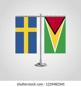 Table stand with flags of Sweden and Guyana.Two flag. Flag pole. Symbolizing the cooperation between the two countries. Table flags