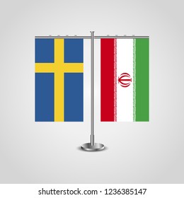 Table stand with flags of Sweden and Iran.Two flag. Flag pole. Symbolizing the cooperation between the two countries. Table flags