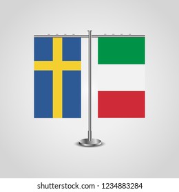 Table stand with flags of Sweden and Italy.Two flag. Flag pole. Symbolizing the cooperation between the two countries. Table flags