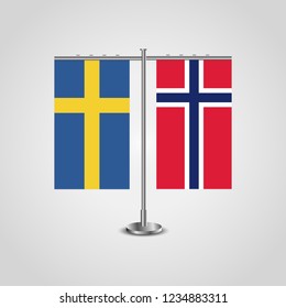 Table stand with flags of Sweden and Jan Mayen.Two flag. Flag pole. Symbolizing the cooperation between the two countries. Table flags