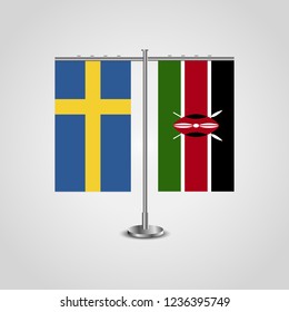 Table stand with flags of Sweden and Kenya.Two flag. Flag pole. Symbolizing the cooperation between the two countries. Table flags