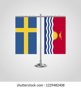 Table stand with flags of Sweden and Kiribati.Two flag. Flag pole. Symbolizing the cooperation between the two countries. Table flags