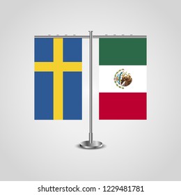 Table stand with flags of Sweden and Mexico.Two flag. Flag pole. Symbolizing the cooperation between the two countries. Table flags