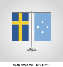 Table stand with flags of Sweden and Micronesia.Two flag. Flag pole. Symbolizing the cooperation between the two countries. Table flags