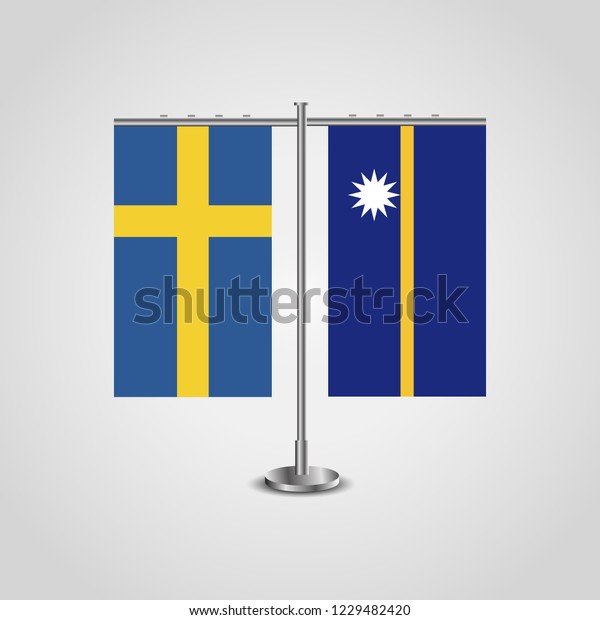 Table stand with flags of Sweden and Nauru.Two\
flag. Flag pole. Symbolizing the cooperation between the two\
countries. Table flags
