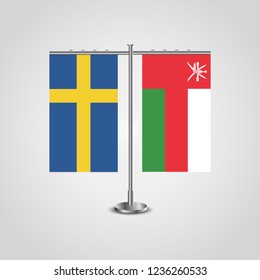 Table stand with flags of Sweden and Oman.Two flag. Flag pole. Symbolizing the cooperation between the two countries. Table flags

