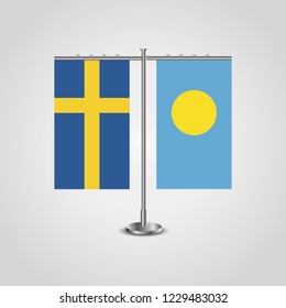 Table stand with flags of Sweden and Palau.Two flag. Flag pole. Symbolizing the cooperation between the two countries. Table flags