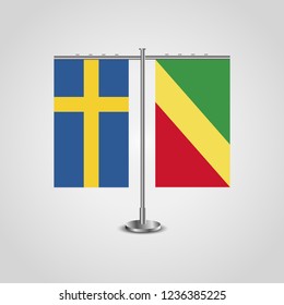 Table stand with flags of Sweden and Republic of the Congo.Two flag. Flag pole. Symbolizing the cooperation between the two countries. Table flags

